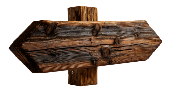 Rustic wooden directional signpost with textured grain and dark burnt edges, perfect for branding, travel, and adventure themes
