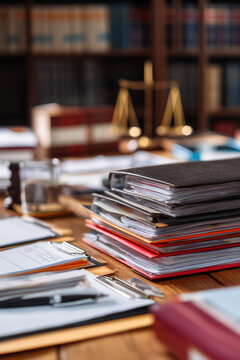 A paralegal organizing legal briefs at a desk. Law books and folders surround them