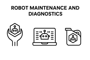 Robot maintenance and diagnostics vector icon set. Outline symbols for AI service and repair. Wrench, diagnostic laptop, oil canister for automation technology and support.