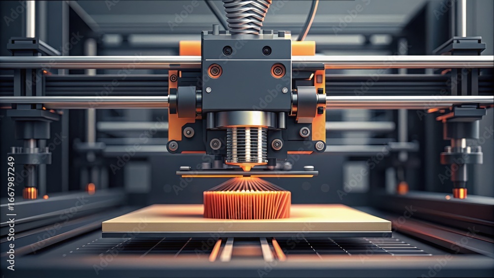 Poster industrial 3d printer creating standard part in modern workshop