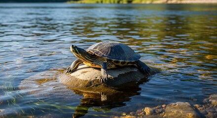 Fototapeta premium Turtle resting on a rock in the water sunlit natural habitat