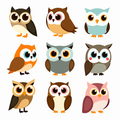 Fototapeta premium Vibrant Bird Collection Showcasing Unique Owl Personalities and Eye Shapes