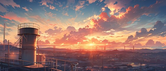 City Rooftops At Sunset. Illustration On The Theme Of Landscapes And Comics.