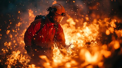 Firefighter surrounded by flames.  Illustration On The Topic Of The Profession And The Surrounding World.	
