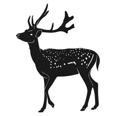 black silhouette illustration of a deer with antlers. The design includes subtle white spots on its back, giving it a natural and detailed look. It represents wildlife, forest animals