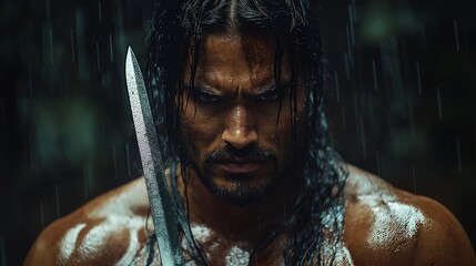 Warrior Man With Sword Standing In Jungle. Illustration On The Theme Of Cinema And Movies.