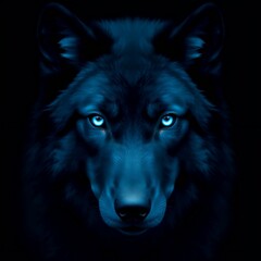 Naklejka premium Hyper-Realistic Blue Wolf Portrait – Digital Art with Monochromatic Palette, Glowing Eyes, Dramatic Lighting, and Intense Detail Symbolizing Strength, Mystery, and the Spirit of the Wild.