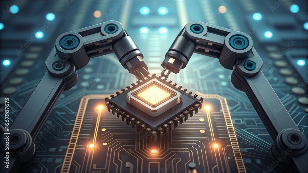 Poster robotic arms using clamps to secure data chip on circuit board