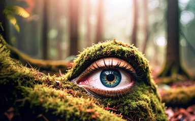 close up of a eye. Moss and leaves covered Eyes of a woman in woodland. 