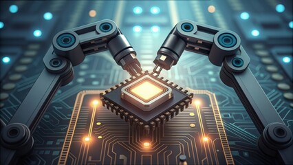 Fototapeta premium Robotic Arms Using Clamps to Secure Data Chip on Circuit Board