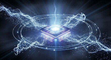Conceptual digital illustration of a central processing unit with energy and data flow.
