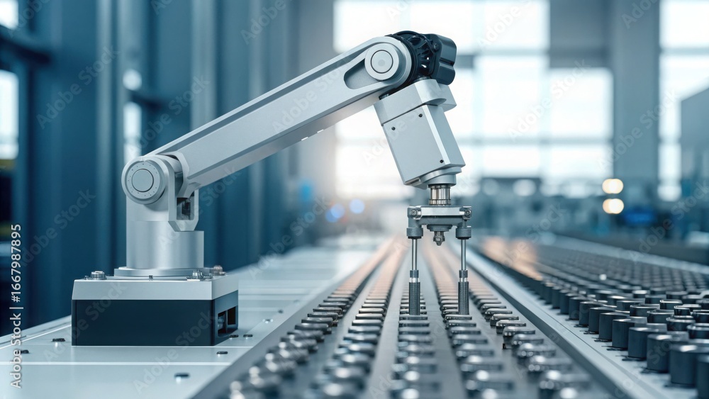 Aufkleber automated robotic arm assembling tiny components on production line