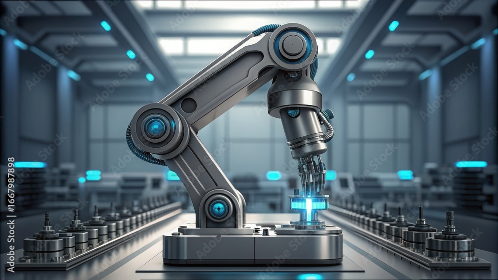 Aufkleber robotic arm assembling tiny components in high-tech environment