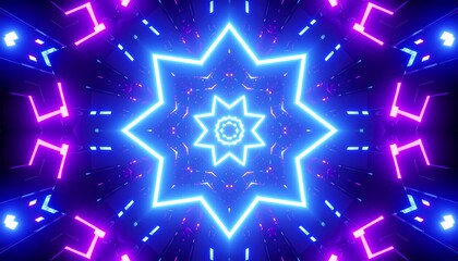 Glowing neon starburst pattern in a dark, symmetrical, kaleidoscopic design