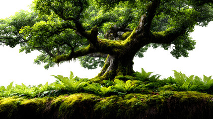 Fototapeta premium Ancient, moss-covered tree with vibrant green foliage and ferns, evoking a sense of tranquility and natural beauty