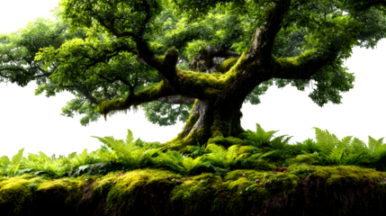 Ancient, moss-covered tree with vibrant green foliage and ferns, evoking a sense of tranquility and natural beauty
