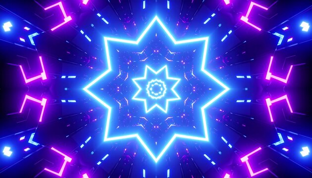Glowing neon starburst pattern in a dark, symmetrical, kaleidoscopic design