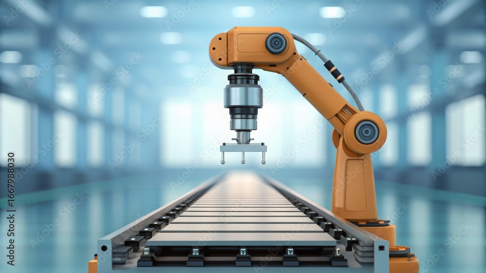 Poster robotic arm placing parts on assembly line with soft standard v2 3x