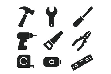 Solid Tool Icons Grid Vector Set, Filled Hammer, Wrench, Screwdriver, Drill, Saw, Pliers, Tape Measure, and Level Illustration on Transparent Background for Construction and Repair