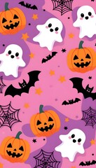 Fototapeta premium Cute Halloween character pattern.This cheerful illustration is perfect for phone wallpapers, social media stories, children's party invitations, gift wrap, and seasonal flyers. 