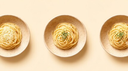 Three bowls of spaghetti in different shapes, placed at different angles to show off their shape, are perfect for online food social media posts or advertising banners.