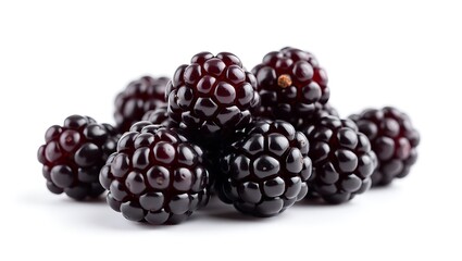 Artistic portrait photography of a plump cluster of juicy blackberries on a white canvas