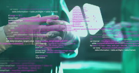 Surgeon holding gloved hands under lamp launching scrolling code overlay for surgery data study - Powered by Adobe