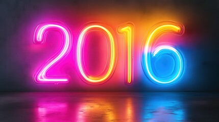 Neon year display of two thousand sixteen in bright colors