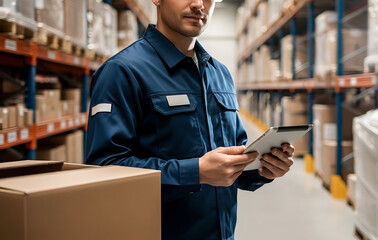 Worker man with tablet near box items working in warehouse. Inventory management and order fulfillment. Technology and efficient logistics operation on work in storage