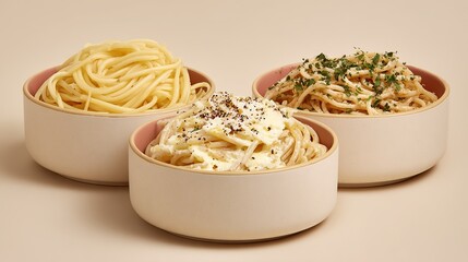 Three bowls of spaghetti in different shapes, placed at different angles to show off their shape, are perfect for online food social media posts or advertising banners.