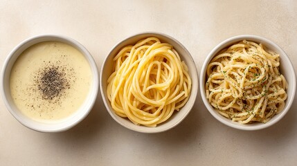 Three bowls of spaghetti in different shapes, placed at different angles to show off their shape, are perfect for online food social media posts or advertising banners.