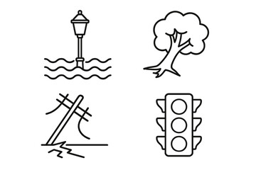 Urban storm damage icons, outline set of severe weather destruction with flooded streetlamp, uprooted tree, fallen power line, and damaged traffic light vector illustration