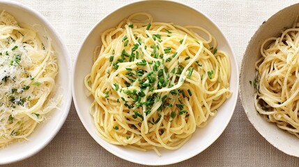 Three bowls of spaghetti in different shapes, placed at different angles to show off their shape, are perfect for online food social media posts or advertising banners.