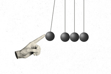 3D collage poster template trend artwork sketch of hand gesture finger point pull ball hang balance idea sphere reflection simplicity