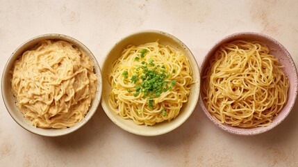 Three bowls of spaghetti in different shapes, placed at different angles to show off their shape, are perfect for online food social media posts or advertising banners.
