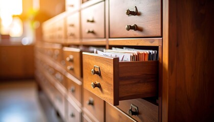 Wooden filing cabinet drawers open, showcasing documents
