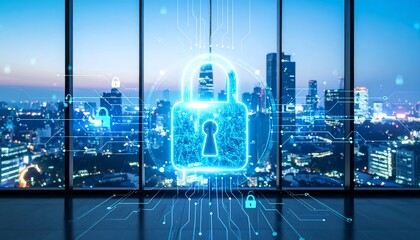 Glowing padlock icon superimposed on a cityscape viewed from a high-rise window, representing digital security