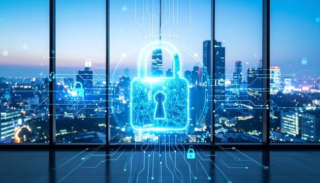 Glowing padlock icon superimposed on a cityscape viewed from a high-rise window, representing digital security