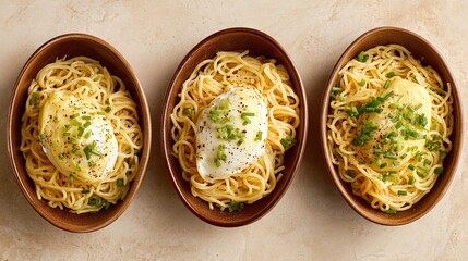Three bowls of spaghetti in different shapes, placed at different angles to show off their shape, are perfect for online food social media posts or advertising banners.