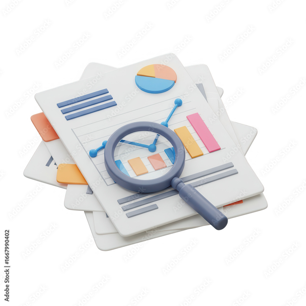 Poster magnifying glass over documents with charts isolated on transparent background