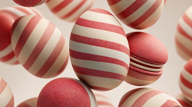 Floating striped and solid pink and cream colored objects, possibly macarons or eggs