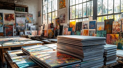high-resolution art studio surface of art prints stacked beside sketchbooks, natural window light, organized chaos, vivid saturation