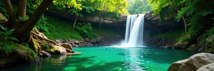 Crystal clear water plunges into emerald pool, surrounded by ancient trees , clean, leaves