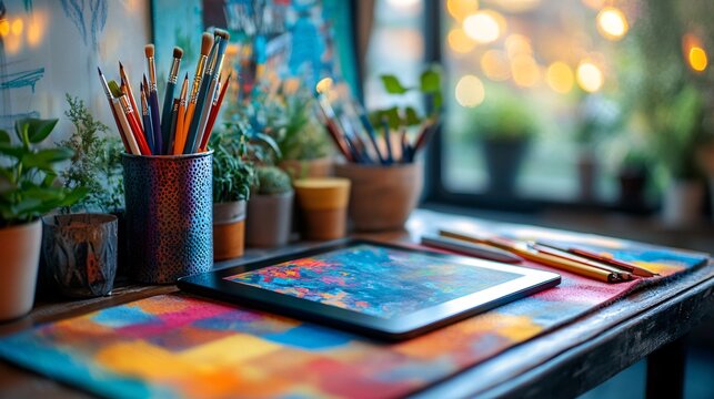 high-resolution art studio surface of digital drawing tablet on colorful mat, natural window light, bright and vivid, vivid saturation - Powered by Adobe