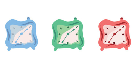 Decorative clock face vector set. Alarm clock icon collection. Blue, green, red clocks