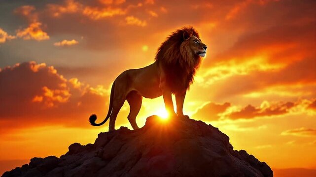 Confident lion standing on cliff at sunset