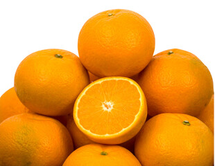 Pile of Fresh Oranges with One Cut Open, Angled Side Perspective, Isolated