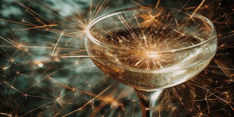 golden champagne glass with festive bokeh