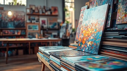 artistic environment background of art prints stacked beside sketchbooks, soft ambient light, colorful harmony, productive feel