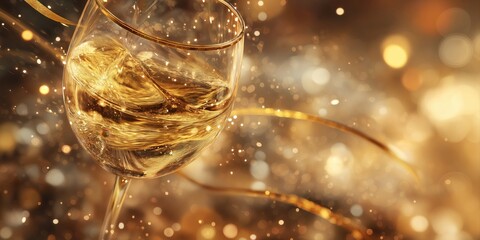golden champagne glass with festive bokeh.